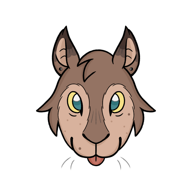 A regular Creature Icon, the smiling head of a brown sheep-dog-horse-troll creature on a turquoise background. They smile with their tongue sticking out a little at the viewer.
